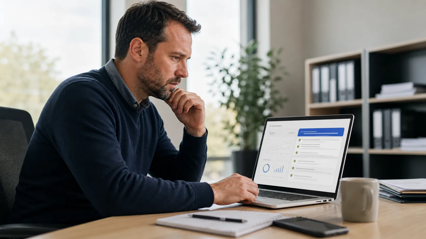 Marketingmanager bekijkt advertentieposities en campagneresultaten op een laptop