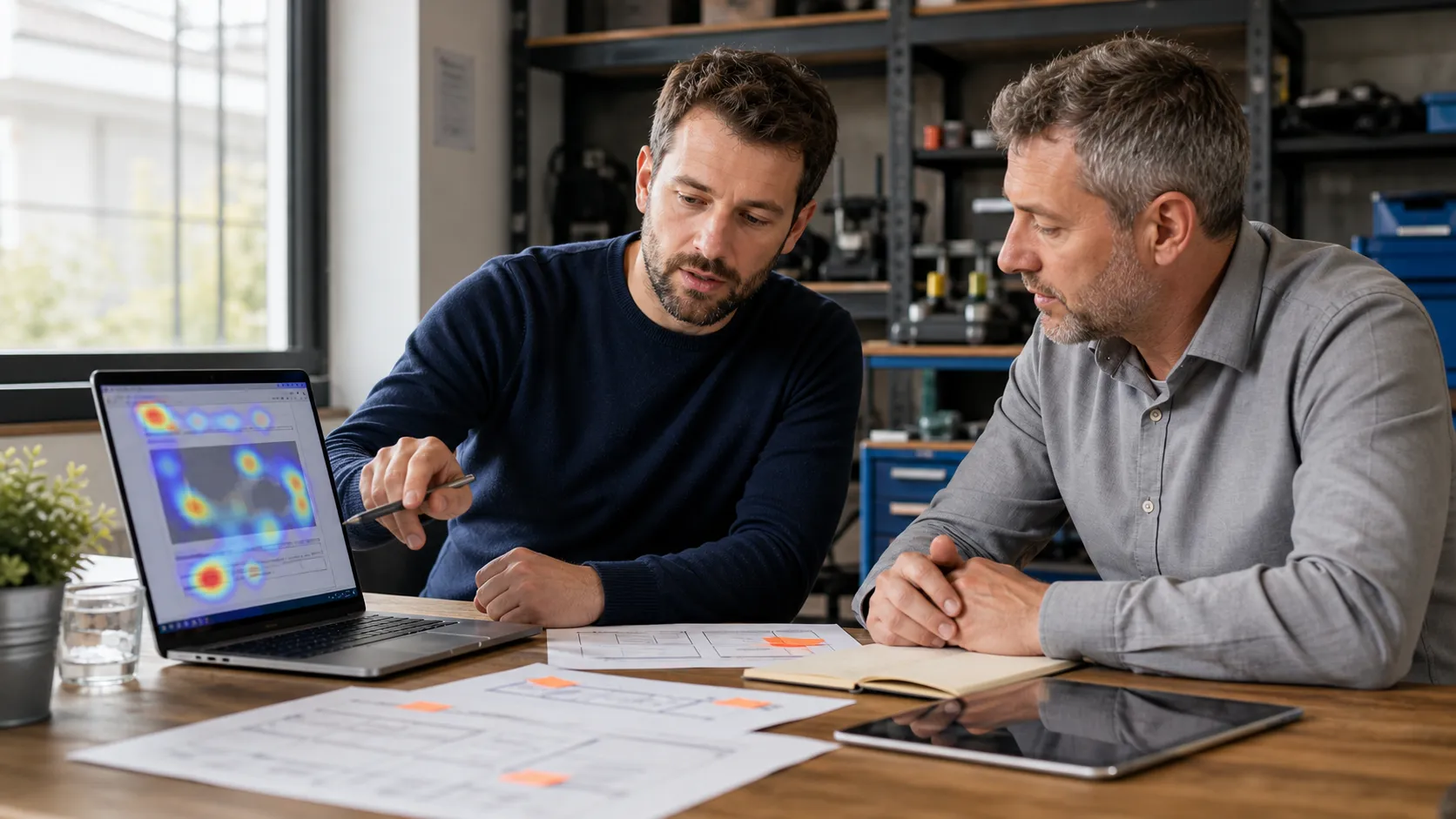Conversie specialist analyseert een websiteheatmap samen met een ondernemer