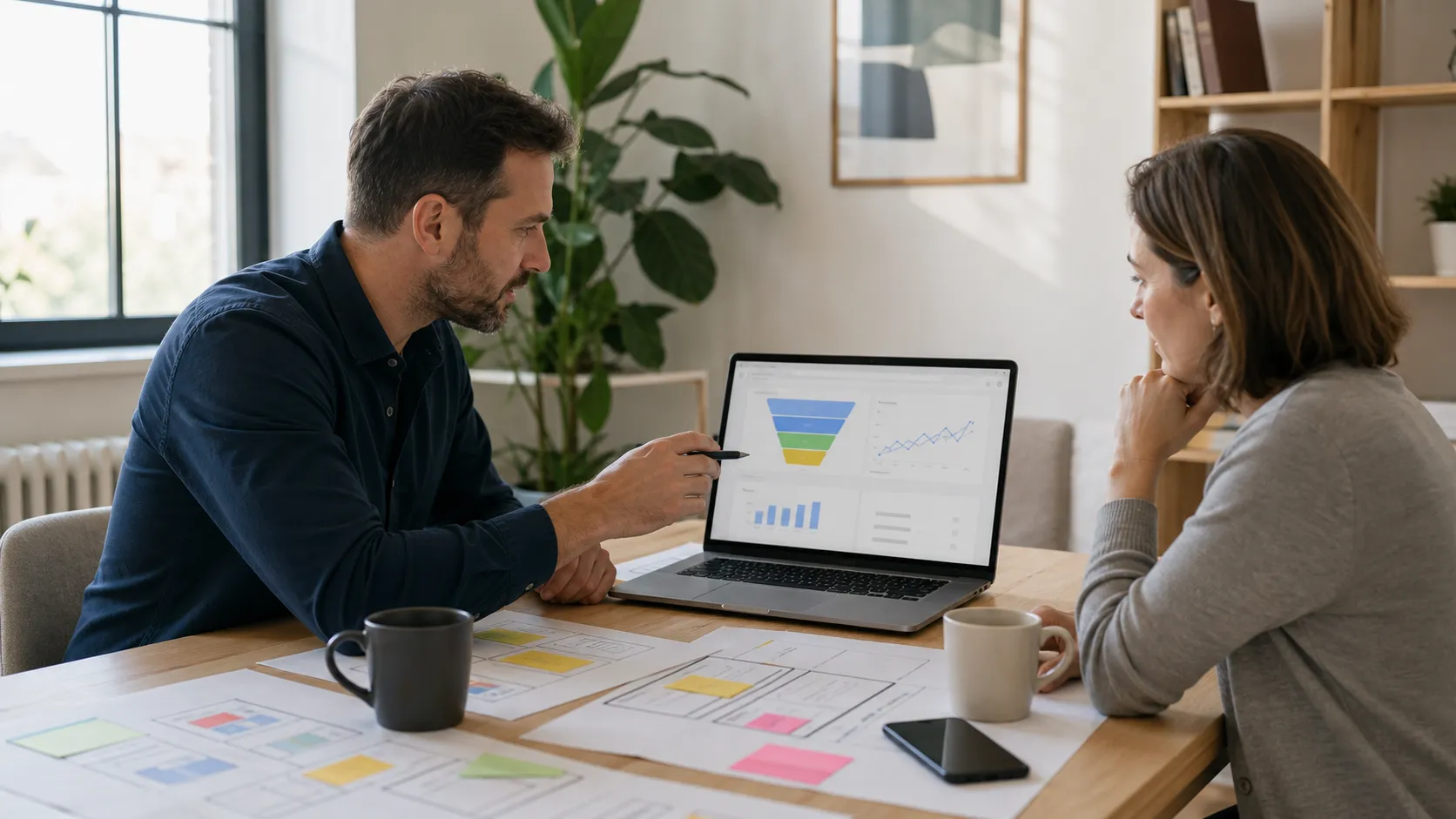Conversie specialist bespreekt een websitefunnel met een ondernemer